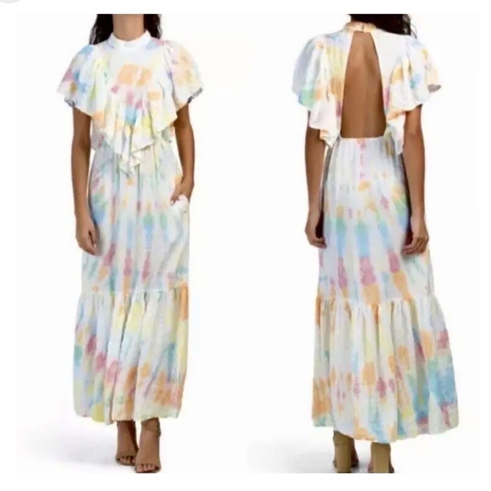 YFB tie dye Cruz crinkle ruffle cottage core open back maxi